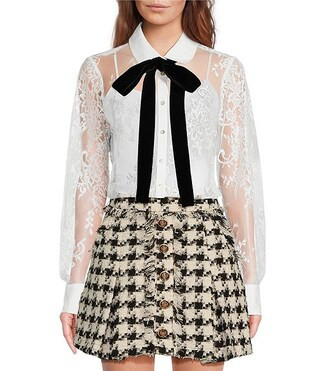 A Loves A Poplin Point Collar Bow Tie Neck Sheer Illusion Lace Long Sleeve Button Front Shirttail... | Dillard's