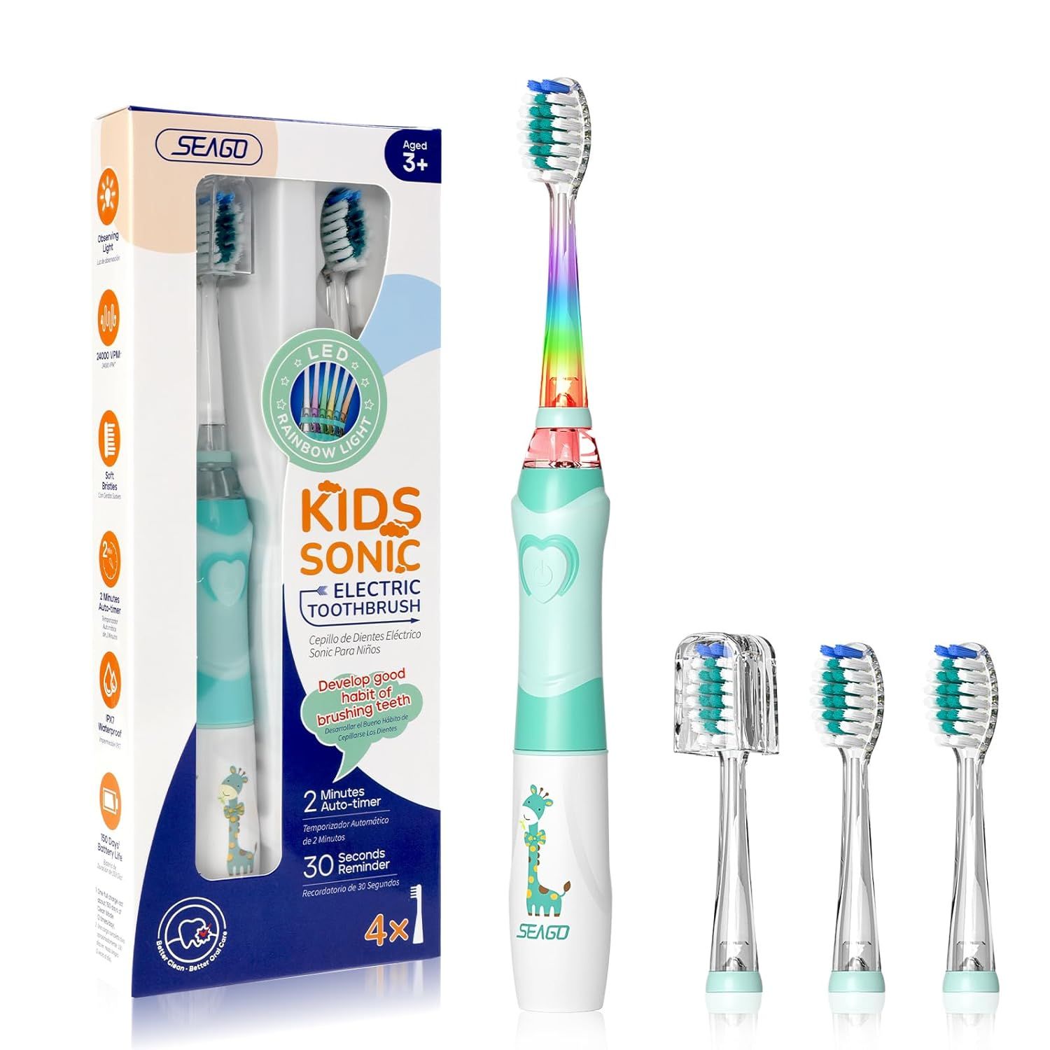 Seago Kids Electric Toothbrush with 2 Mins Brushing Timer and 4 Replacement Bursh Heads, Rainbow ... | Amazon (US)