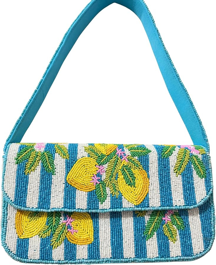 Lemon Beaded Shoulder Bag Handmade Citrus Fruit Purse Summer Statement Clutch (Blue & White) | Amazon (US)