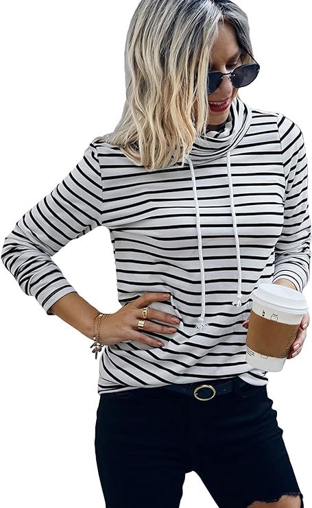 Cozyease Women's Striped Turtleneck Tee Shirts Casual Long Sleeve Drawstring Sweatshirts Tops | Amazon (US)