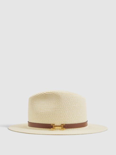 Faux Leather Trim Woven Hat | Reiss UK