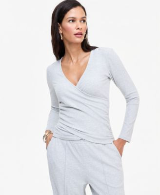 Women's Long-Sleeve V-Neck Side-Ruching Wrap Top | Macy's
