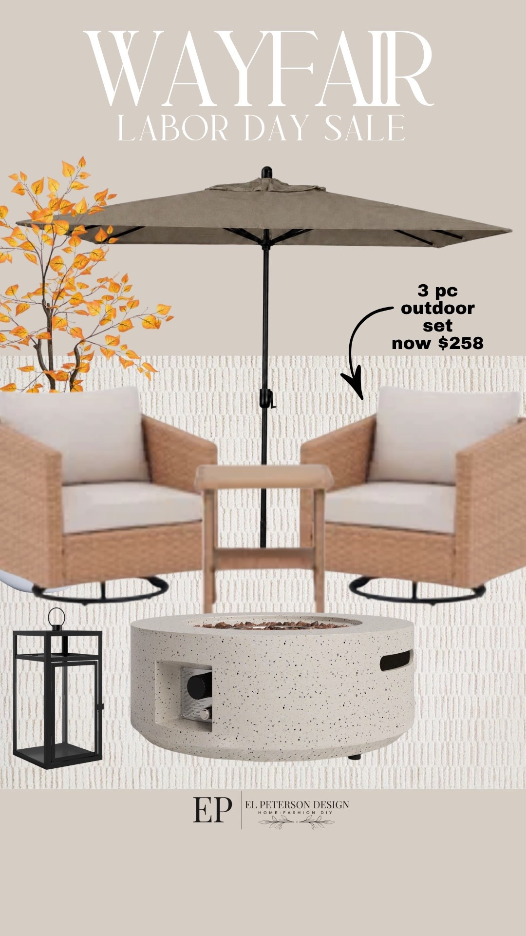 Wayfair
Labor Day Sale
Faux tree
Outdoor umbrella
Fire pit
Floor lantern
3 pc outdoor set 
Rug

#LTKHome #LTKSaleAlert