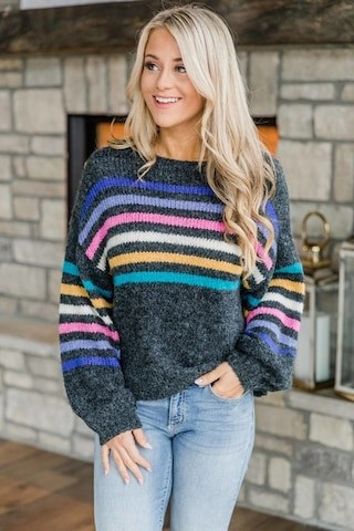 Dreaming At Midnight Charcoal Striped Sweater | The Pink Lily Boutique