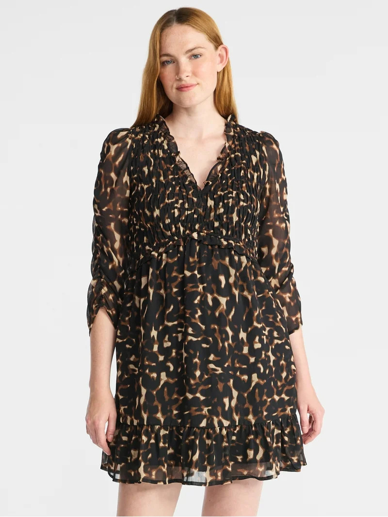 Time and Tru Women's Smocked Chiffon Mini Dress with Long Sleeves, Sizes XS-XXXL | Walmart (US)