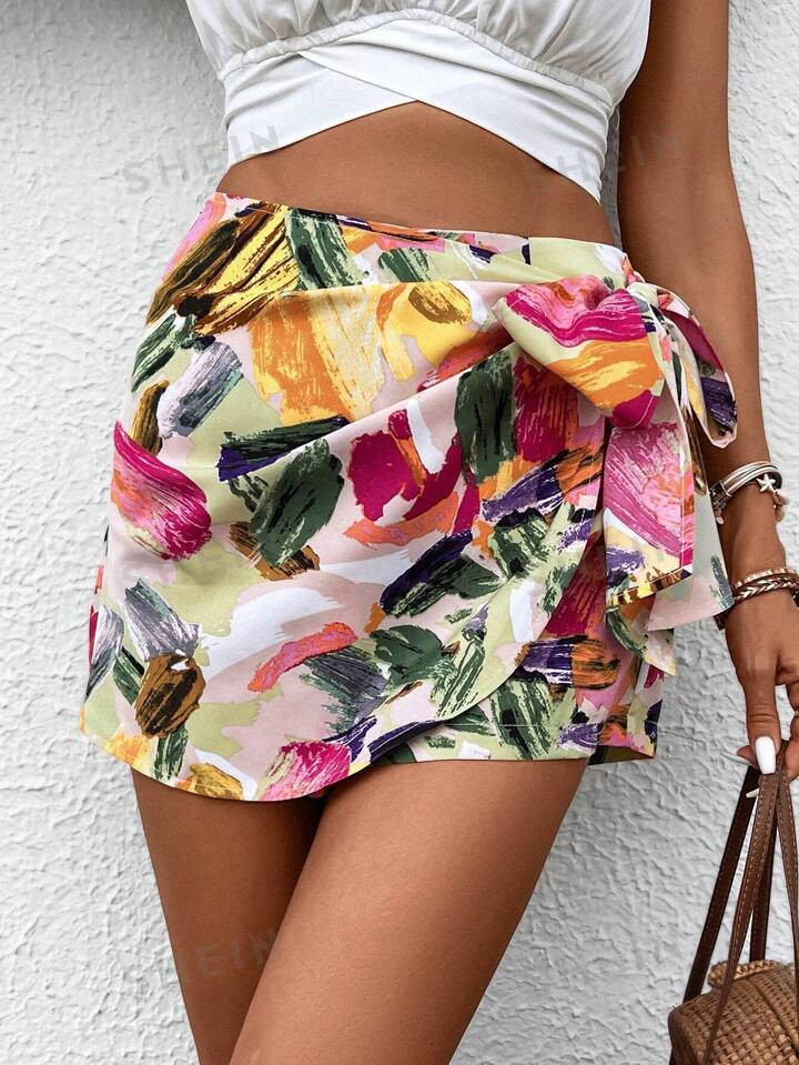 SHEIN VCAY Brush Print Knot Side Wrap Skort | SHEIN