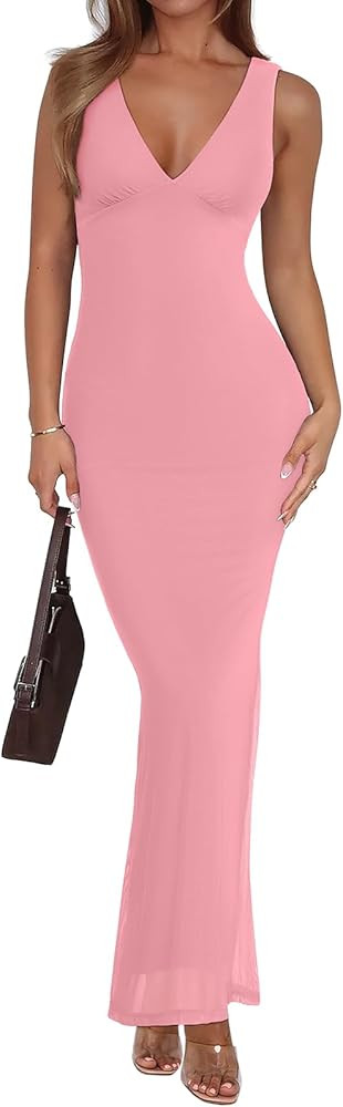 REORIA Women's Summer V Neck Sleeveless Wedding Guest Maxi Dress Sexy Mesh Bodycon Long Dresses | Amazon (US)