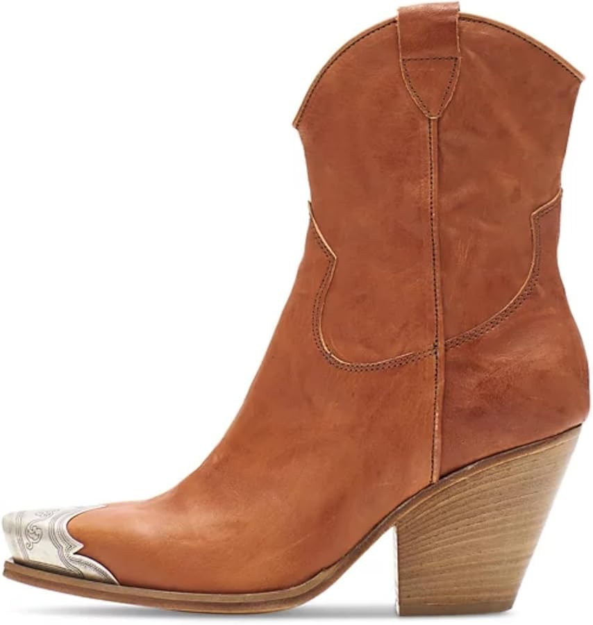 Women's Cowboy Cowgirl Metal Toe Ankle Boots Stacked Block Heel Short Boots | Amazon (US)