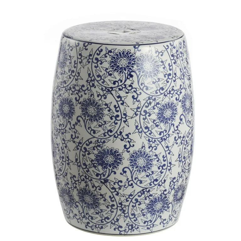 Lotus Blossom 17.5" Chinoiserie Ceramic Drum Garden Stool, Blue/White | Walmart (US)