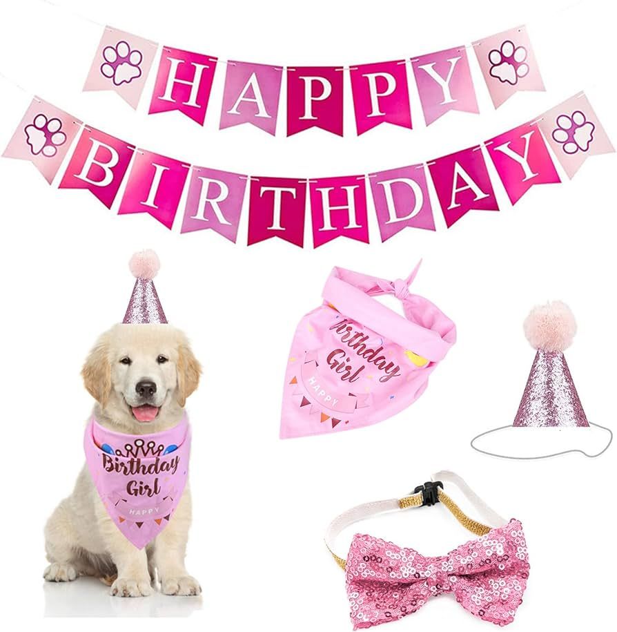Dog Birthday Party Supplies-Dog Birthday Set with Dog Bandanas,Dog Hat，Dog Collar and Birthday ... | Amazon (US)