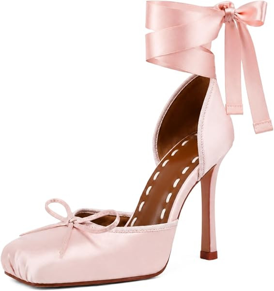 Women's Satin Ballet Heels, Ribbon Lace-Up Square Toe Stiletto Pumps | Amazon (US)