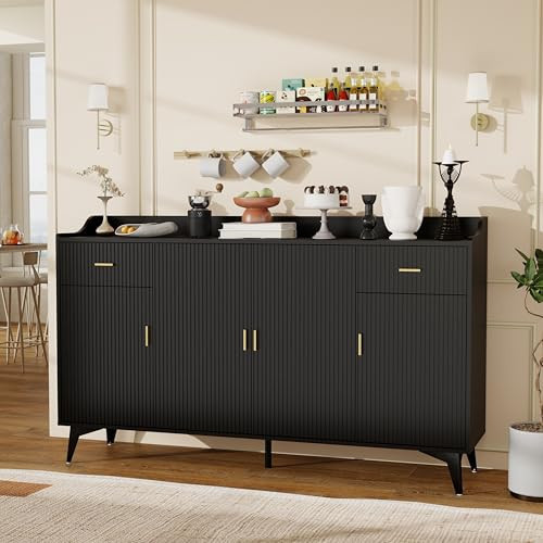 Nyvoral Sideboard Buffet Cabinet with Storage: 63" Wide Black Fluted Sideboard with 2 Drawers and 4 Doors, Wood Modern Credenza Console Cabinet for Dining Room(Black, 63") | Amazon (US)