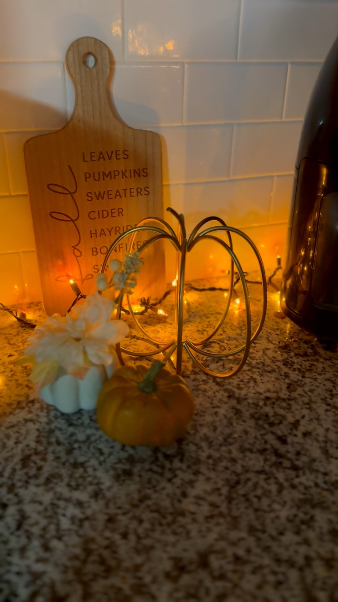 Cozy corners right beside my coffee maker☕️🍁 it’s giving all the Fall vibes with the gold pumpkin and fall cutting board! Can’t forget the additional pumpkins and festive fall lights!💡🧡

#LTKSeasonal #LTKHoliday #LTKHome