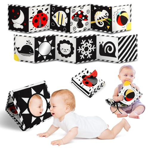 Tummy Time Toys, High Contrast Baby Book with Mirror & Teether, Black and White Infant Books, 0-6-12 Months Soft Book for Newborn, Sensory Books, Tummy Time Car Seat Toys 0-6 Month Boy Girl Gift | Amazon (US)