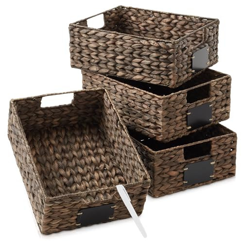 Casafield Set of 4 Water Hyacinth Pantry Baskets, 10" x 13" x 5", with Chalkboard Labels and Chalk Marker - Espresso, Woven Storage Bin Organizers for Kitchen Shelves | Amazon (US)