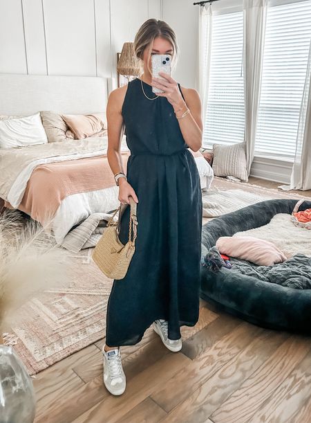 casual outfit - black linen dress with sneaker and woven crochet purse 

#LTKsalealert #LTKstyletip #LTKSeasonal