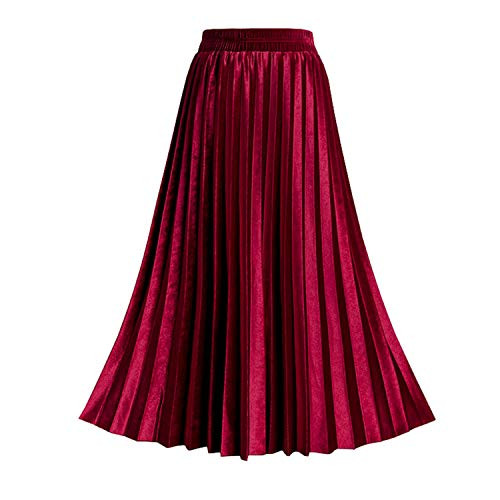 TONCHENGSD Women's Gold Velvet High Waist Flared Skirt Pleated Midi Skirt (Wine red, L) | Amazon (US)