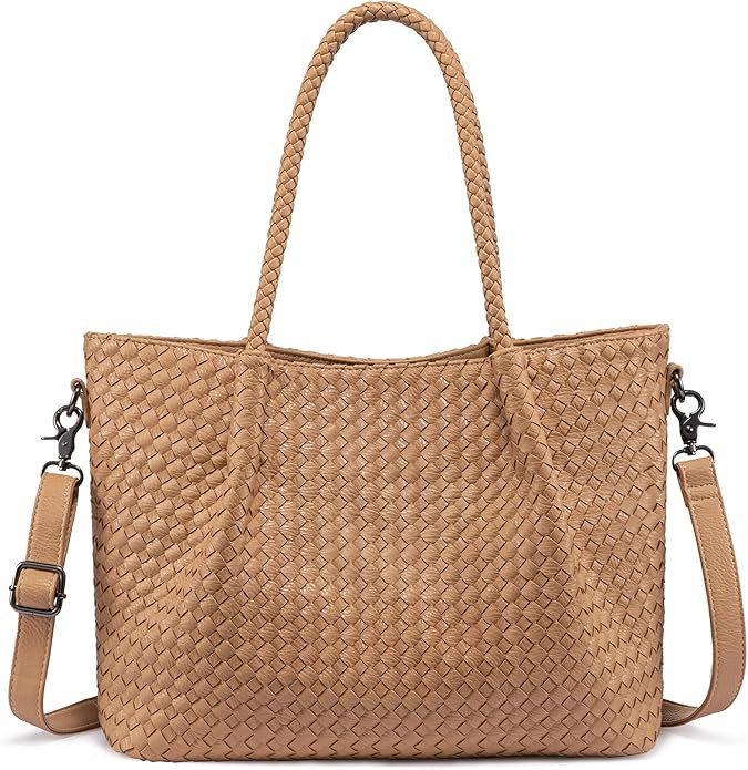 LOVEVOOK Woven Tote Bag for Women Vegan Leather Shoulder Handbag for Travel Work Crossbody Purse | Amazon (US)