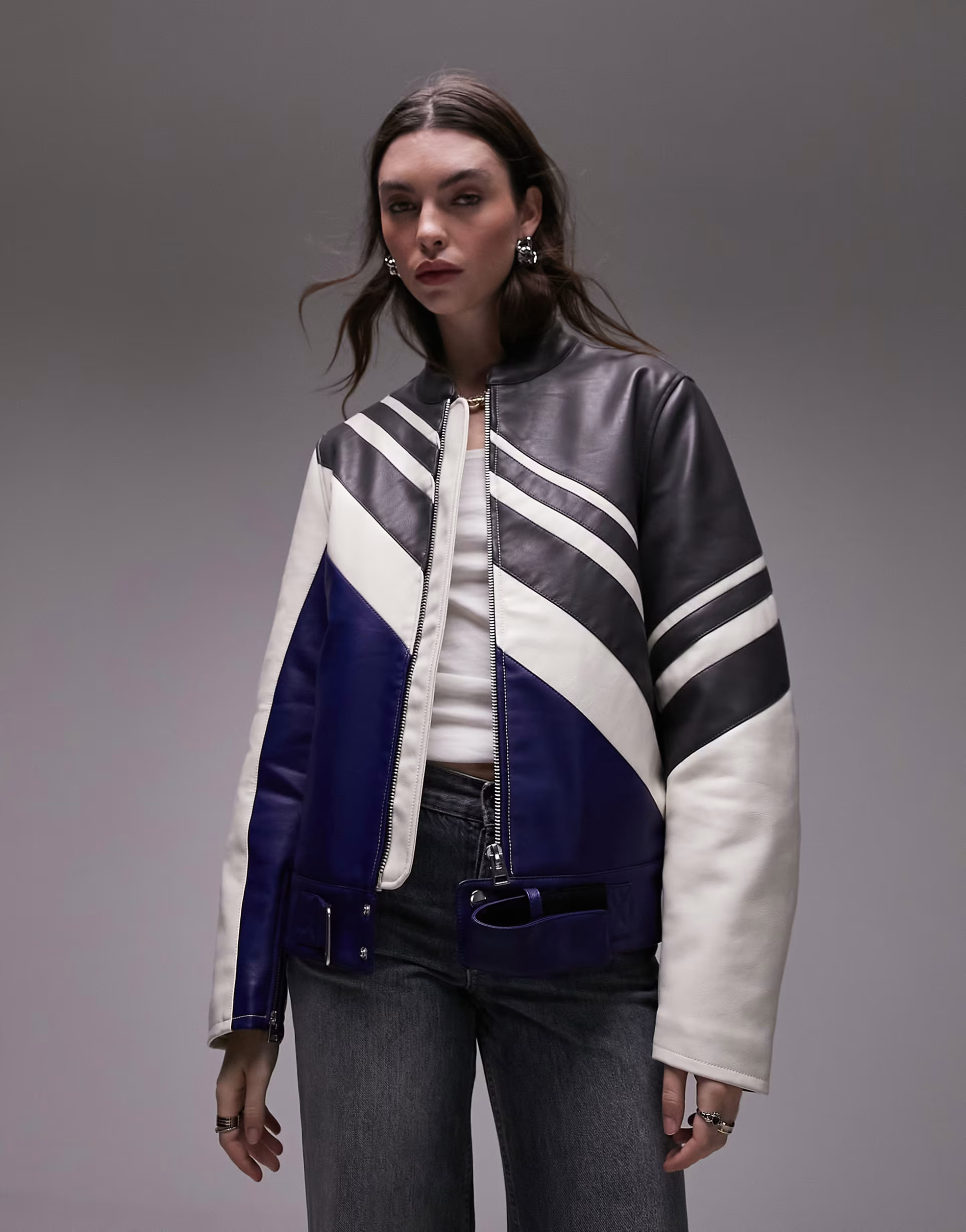 Topshop motocross colour block faux leather jacket in multi | ASOS (Global)