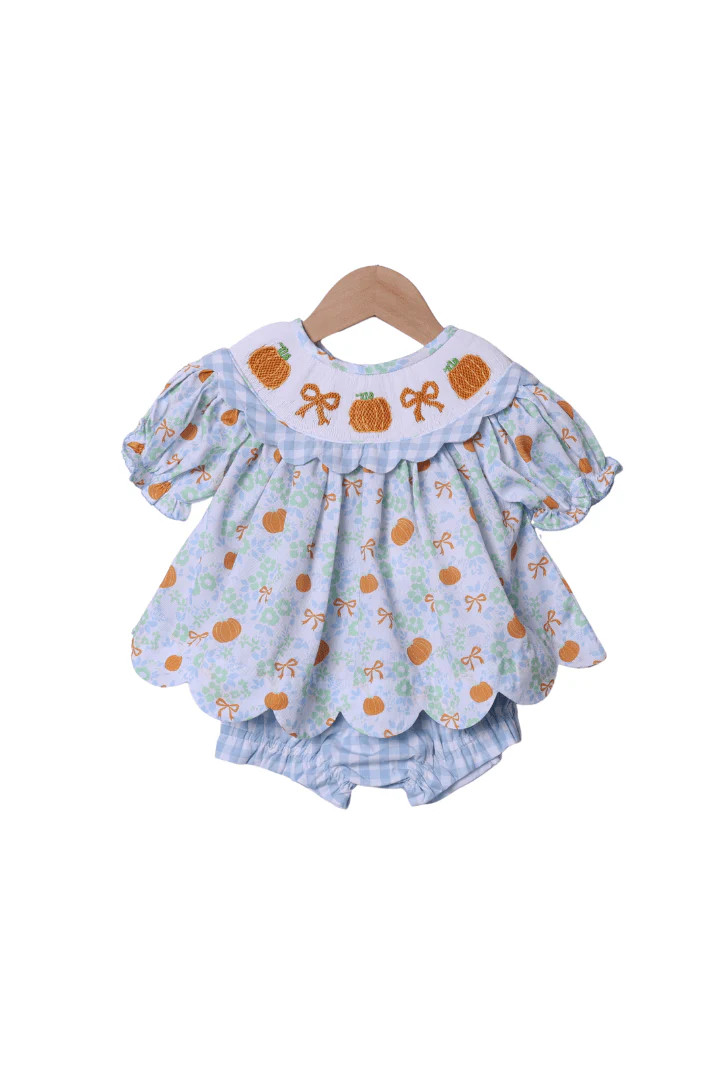 Smocked Floral Pumpkin Bow Scalloped Bloomer Set | The Smocked Flamingo