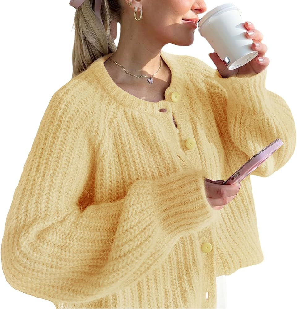 Yimoon Womens Y2K Cardigan Sweater Crewneck Long Sleeve Button Down Cropped Knit Cardigan Outwear... | Amazon (US)