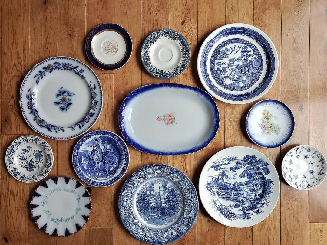 Set of 12 Vintage Plates and Platters - Blue and White China - antique, vintage, Farmhouse, Frenc... | Etsy (US)