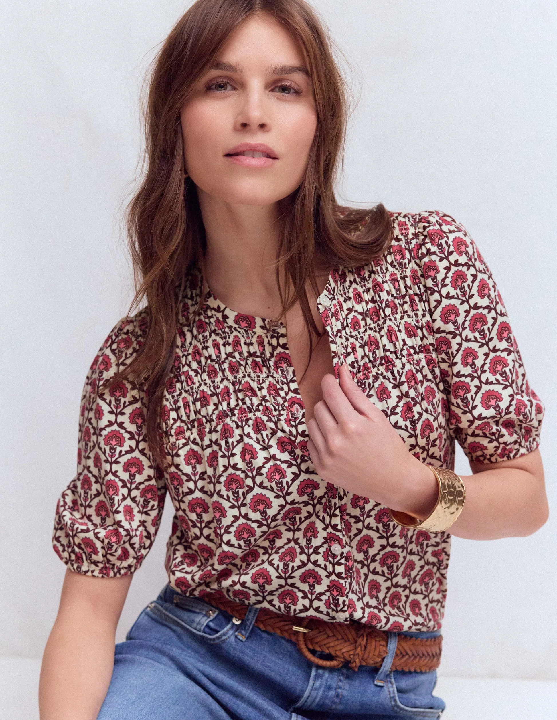 Mya Short Sleeve Smocked Shirt-Strawberry Pink,Flower Lattice | Boden (US)