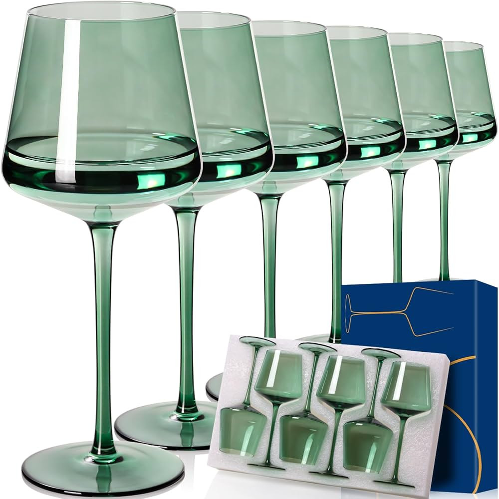 Green Wine Glasses Set of 6,18oz green Wine Glassware Gift Set for Wife & Mom-Colorful Hand Blown... | Amazon (US)