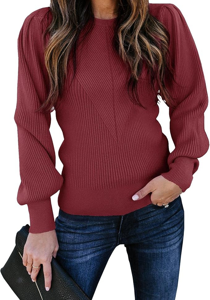 Huiyuzhi Womens Puff Sleeve Pullover Sweaters Crew Neck Soft Slim Fit Solid Color Knitted Jumper | Amazon (US)