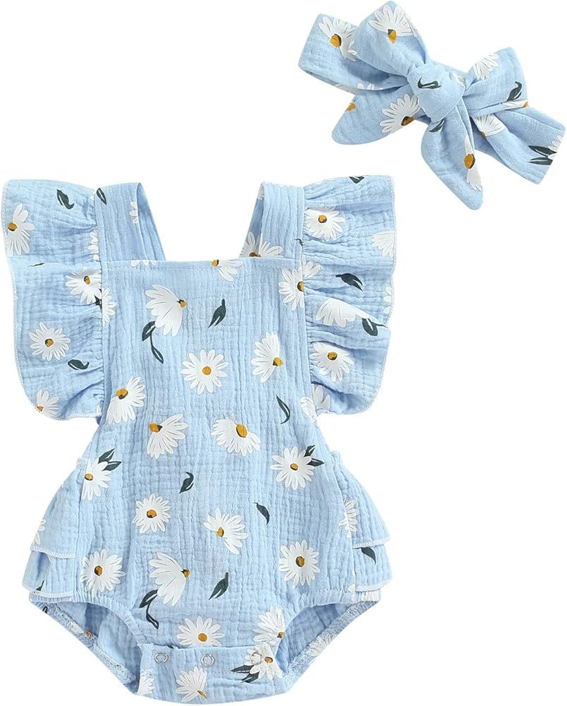 Newborn Baby Girls Floral Romper Bodysuit Sleeveless Ruffle Short Jumpsuit One Piece Summer Outfit I | Amazon (US)