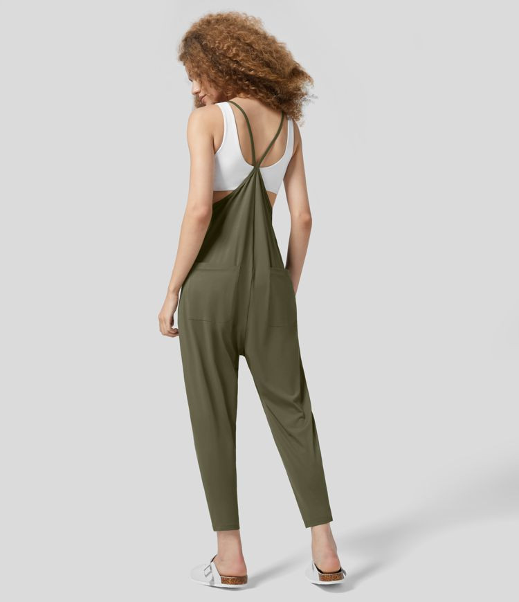 Backless Multiple Pockets Ankle Length Work Tapered Jumpsuit | HALARA