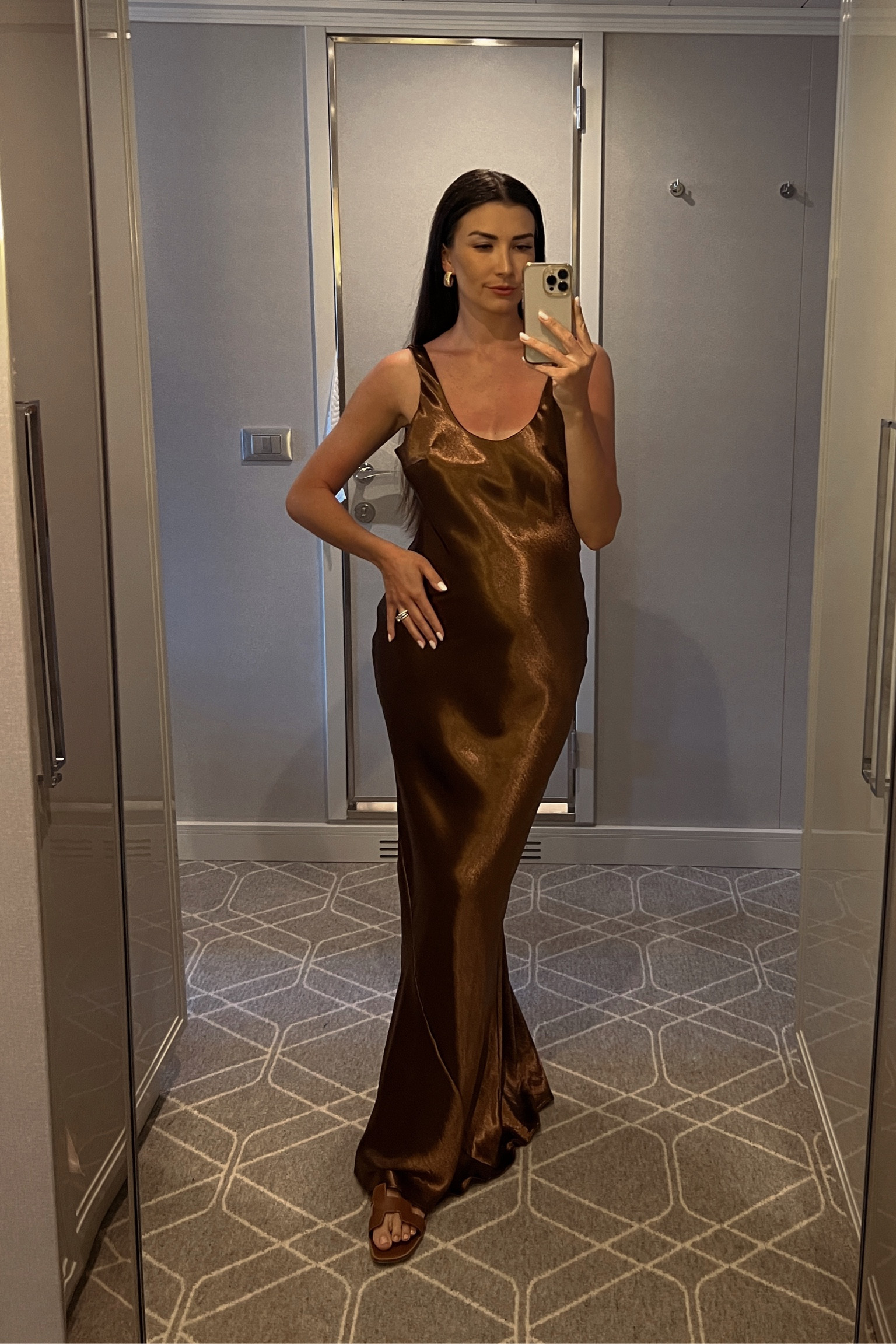 chocolate goodness with a low back • I have this in gold, too, and it’s the perfect fit, pregnant or not!