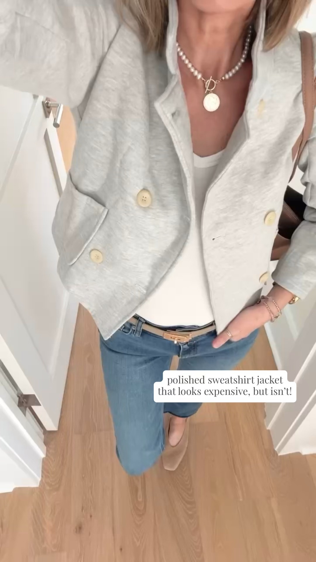 This sweatshirt jacket looks so high end. Super comfy and still polished.  I am in small in the Amazon tee and jacket. 27x30 on the jeans.