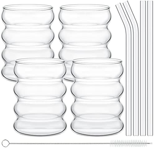 4 Pcs Creative Glass Cups Cute Ripple Shaped Vintage Drinking Glasses Ribbed Glassware Clear Aesthet | Amazon (US)