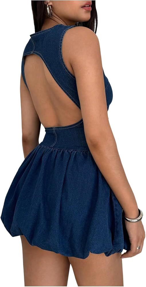 GORGLITTER Women's Denim Bubble Dress Cut Out Backless Sleeveless A Line Mini Summer Vacation Dre... | Amazon (US)