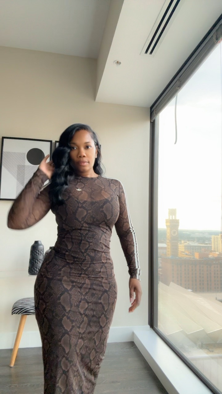 Loving this form fitting midi length @adidas snake print dress. Has a good amount of stretch, sheer overlay with a tank dress underneath. I’m wearing a size XS.  Size up for a looser fit. 

#summeroutfit #datenight #girlsnightout #adidasdress

#LTKootd