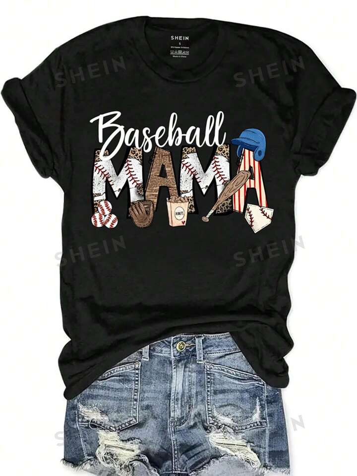 SHEIN LUNE Camiseta estampada con gráficos de béisbol de "Mamá del Béisbol" | SHEIN USA | SHEIN