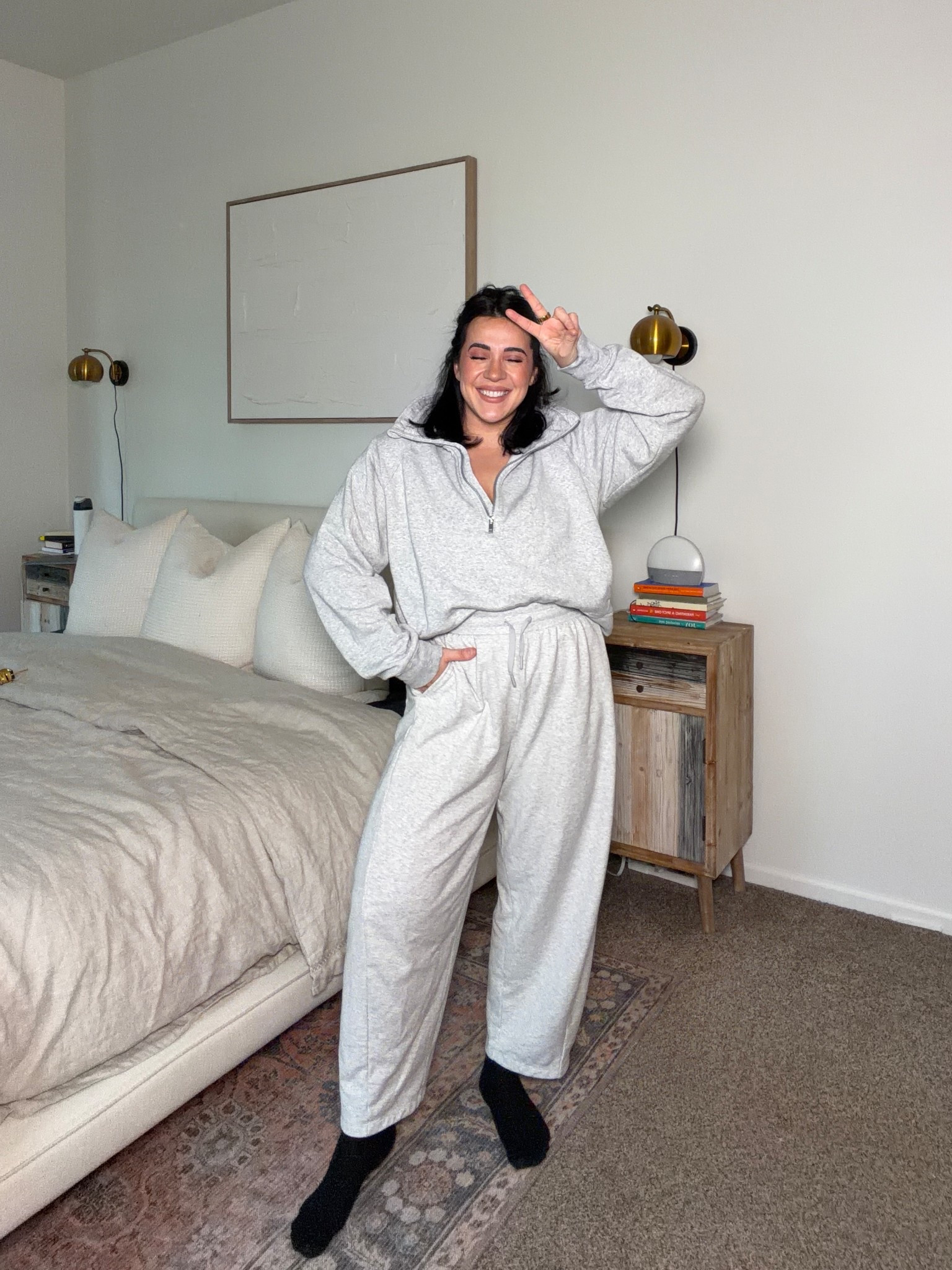 Cozy outfit of the day. Grey lounge set, barrel pants size M, top XL. 

#LTKootd #LTKmomlife #LTKMidsize