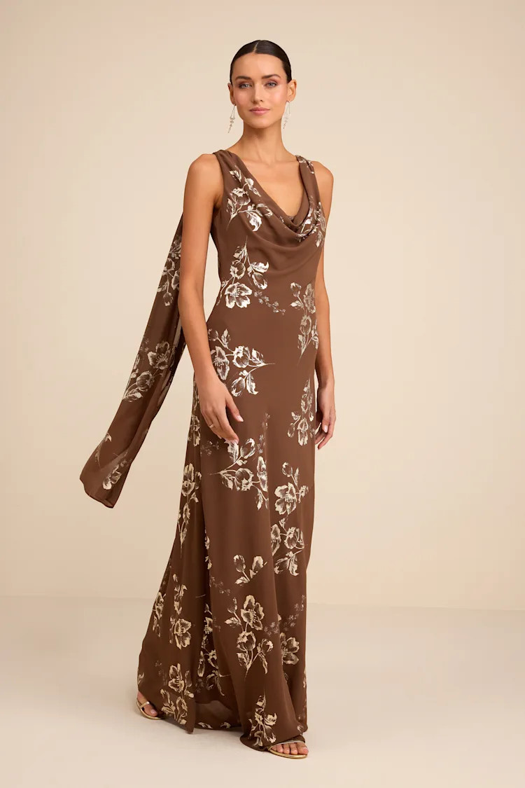 Sidonia Brown and Gold Floral Cowl Sash Maxi Dress | Lulus