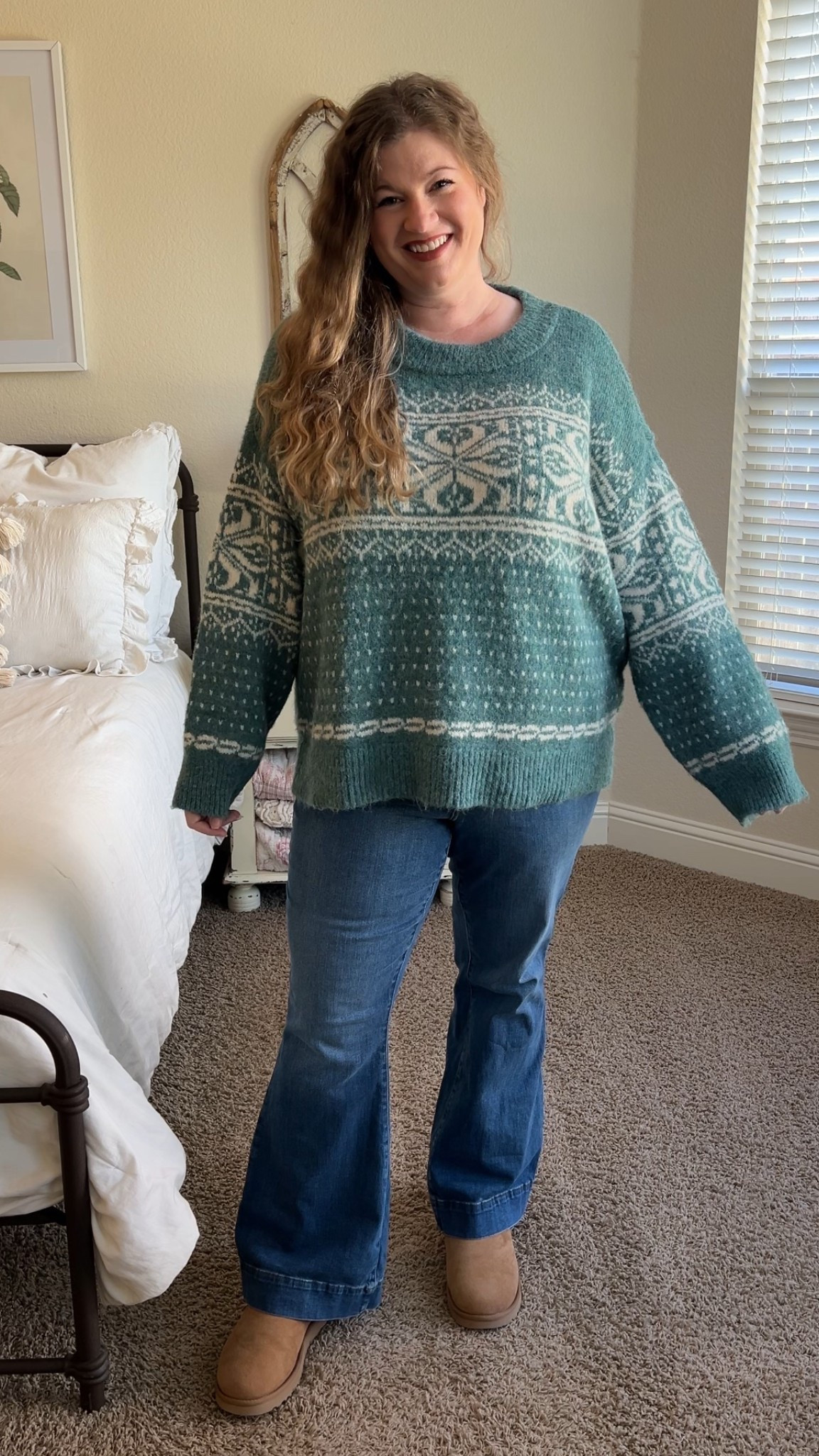 This green sweater!! The color is perfect for the holidays and it has a cute snowflake print, too! I sized up to the 2X. Comes in XS-4X  
I’m in an 18 in the jeans and I’d say get your regular size unless in between then get the smaller size! 

Holiday sweater plus size
Christmas sweater 
Christmas holiday outfit 
Casual holiday outfit 

#LTKHoliday #LTKPlusSize #LTKFindsUnder50