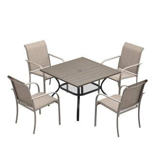 5-Piece Patio Dining Set with Grey Wood-Like Square Table, Curved Legs, Umbrella Hole and 4-Sandshell Dining Chairs | The Home Depot
