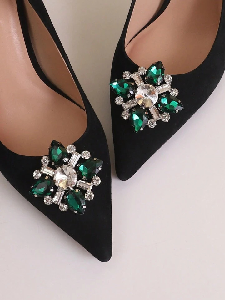 2pcs Silver-tone Green Glass Rhinestone Square Shoe Clips, Sparkling Geometric Design, Detachable... | SHEIN