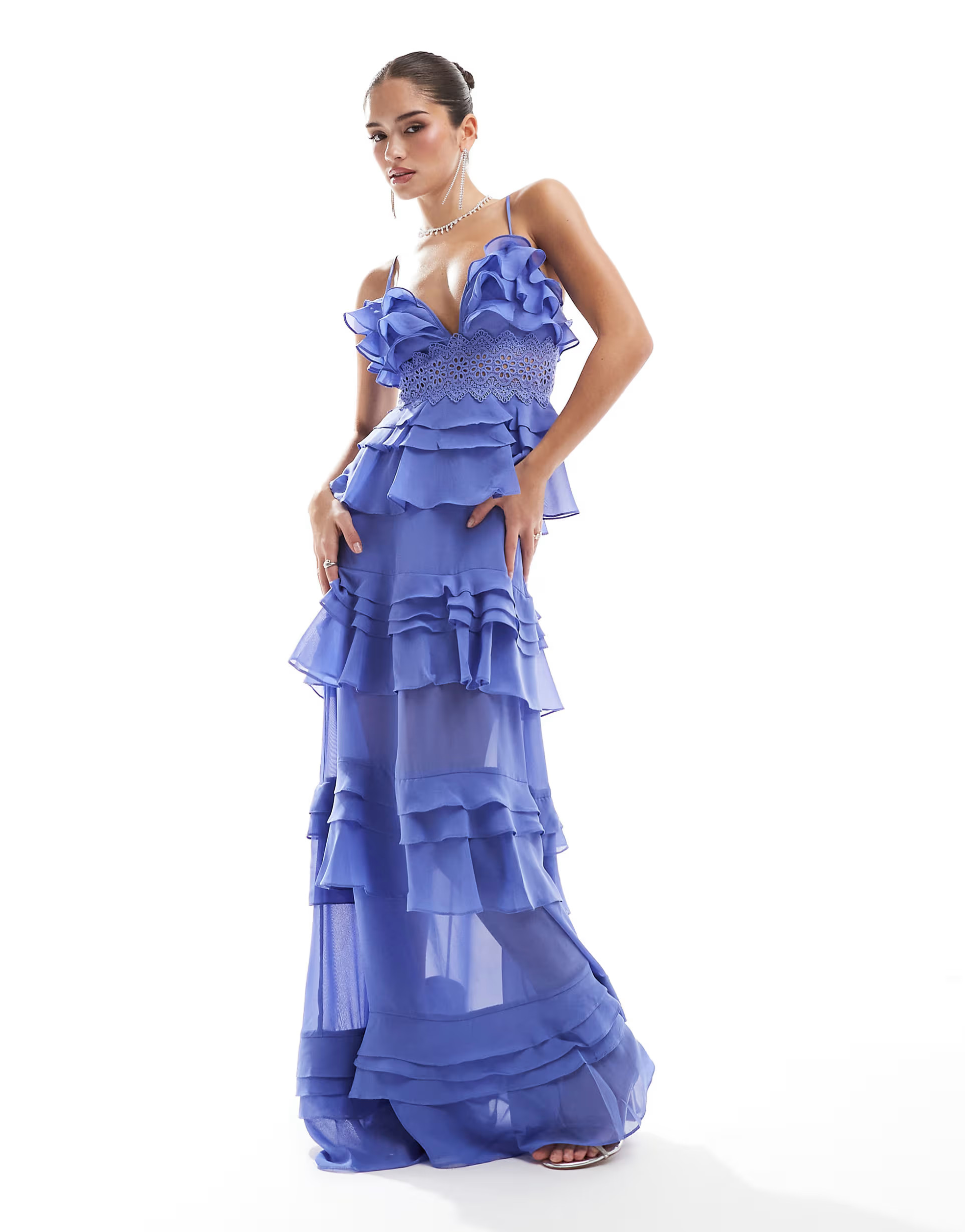 True Decadence Plunge front tiered ruffle maxi-dress in blue | ASOS | ASOS (Global)