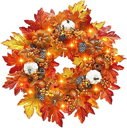 TURNMEON 24" Large Fall Wreath Prelit with Timer Thick Autumn Wreath 30 Lights Pumpkin Maples Lea... | Amazon (US)