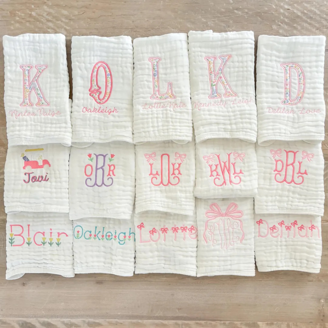 Custom Embroidered Muslin Baby Girl Burp Cloths and Bibs, Monogrammed Newborn Gift, Applique, Pin... | Etsy (US)