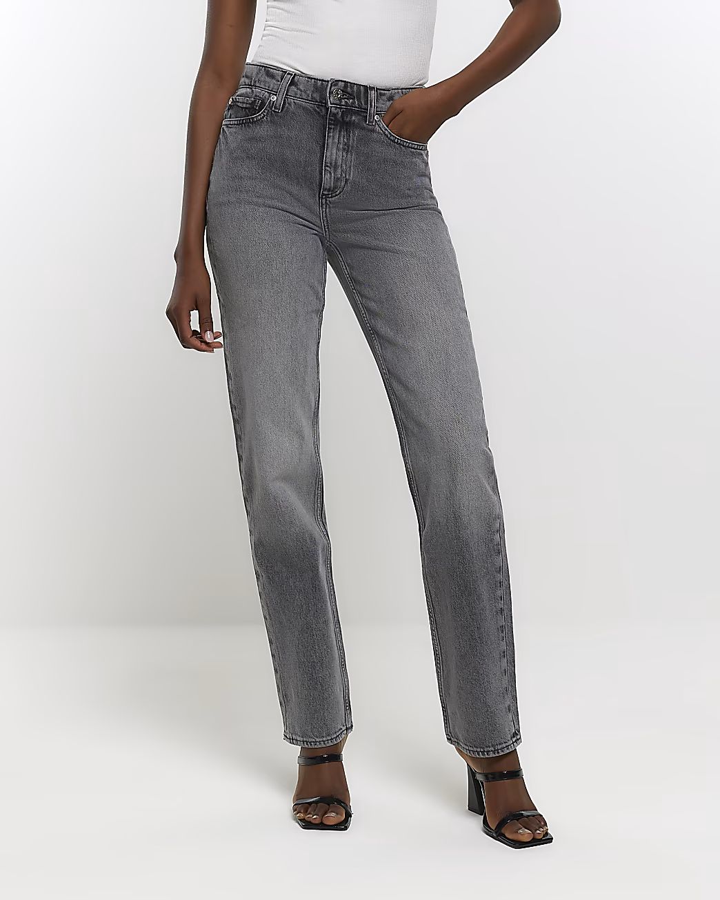 Grey faded high waisted stove straight jeans | River Island (UK & IE)