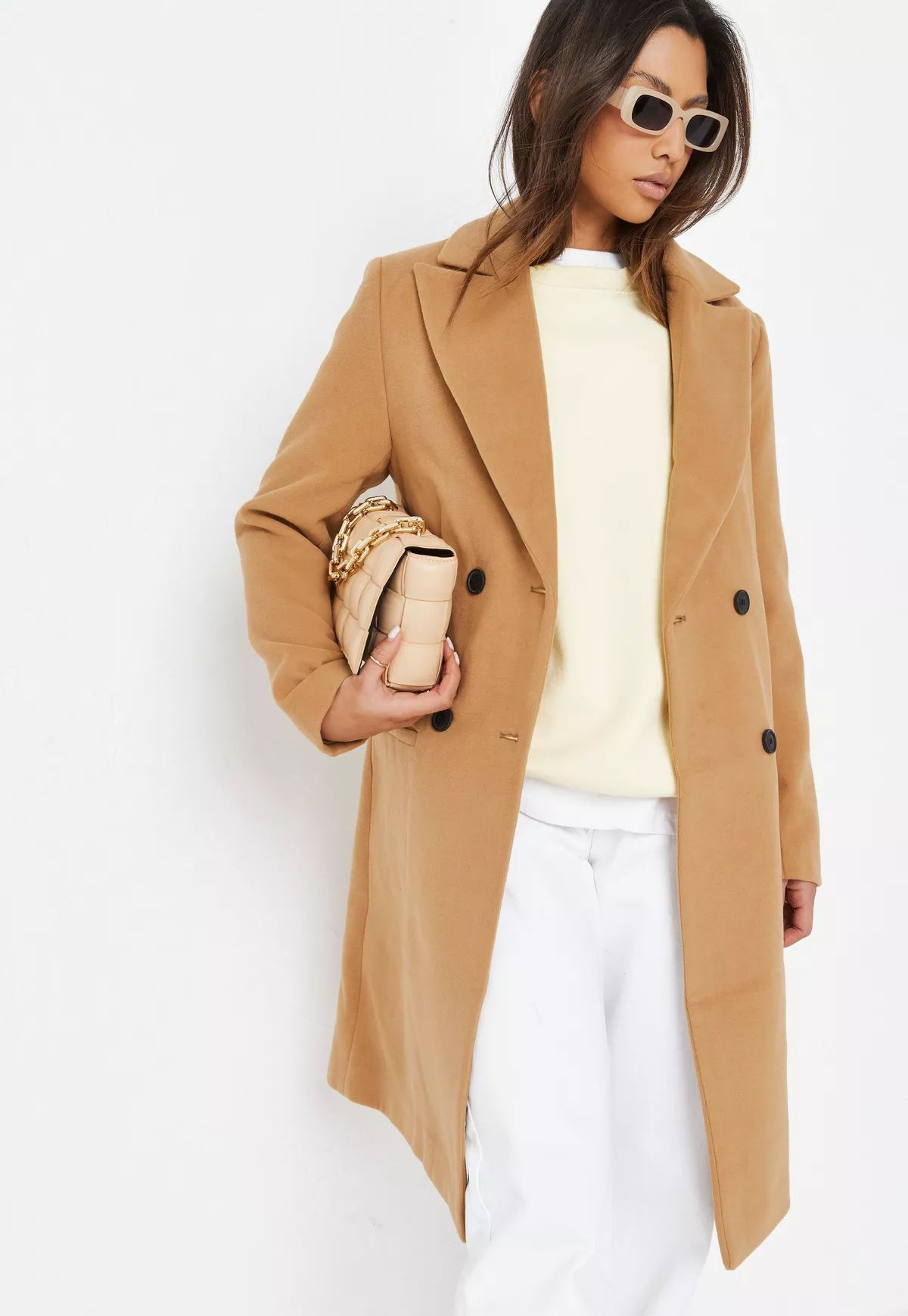 Camel Slim Double Breasted Longline Formal Coat | Missguided (US & CA)