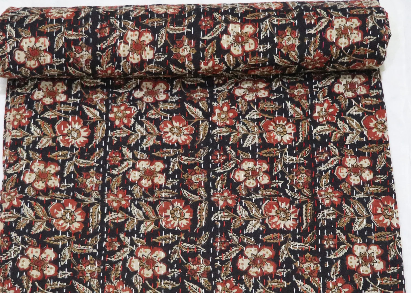 Indian Kantha Quilt Queen Cotton Black Red floral quilt Kantha Bedspreads Quilt Blanket Kantha Pa... | Etsy (US)