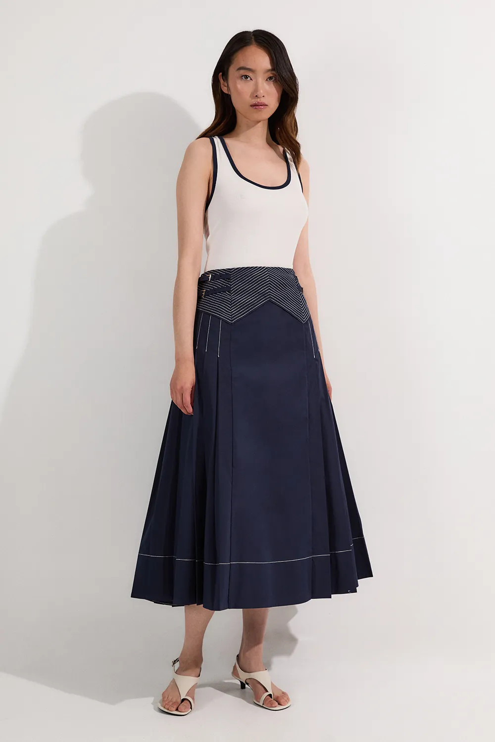 Cotton Poplin Top Stitch Detail Woven Pleat Skirt | Karen Millen US