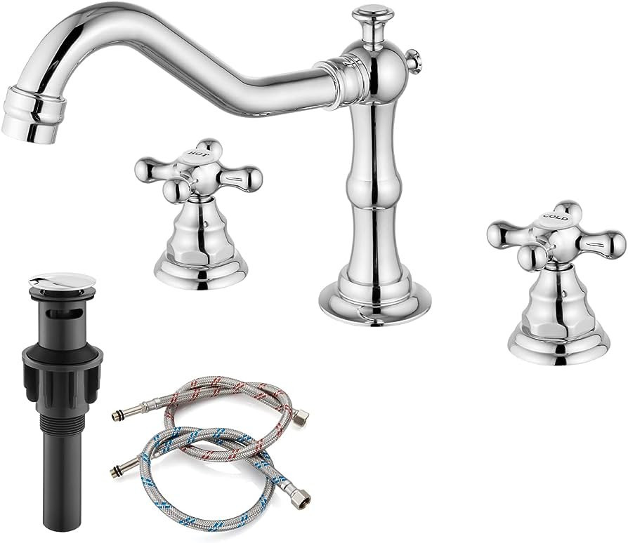 Widespread Bathroom Sink Faucet Double Cross Knobs Polish Chrome 3 Hole Mixing Tap Deck Mount wit... | Amazon (US)